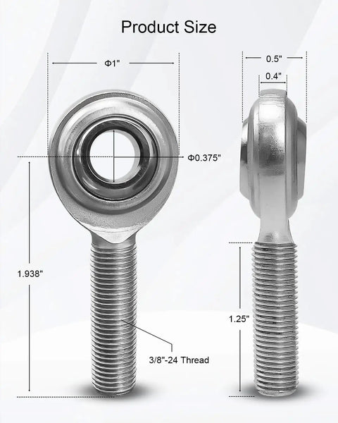 2 Pack 3/8 x 3/8-24 Heim Joint Rod End Kit For Panhard Bar, Beefy Heavy Duty Steel, Chrome Coated 52100 Bearing Balls, Silver Zinc Finish, High Load Capacity Up To 7,605 Pounds, size chart