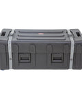 Road Ready Drum Hardware Case With Wheels And Telescoping Handle Featuring Hella Durable Roto Molded Polyethylene Construction Secure Cinch Straps For Stands Pedals And Gear Hauling Black - closed case with latches.