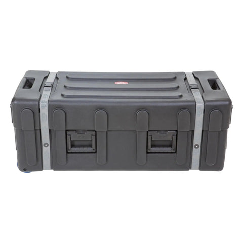 Road Ready Drum Hardware Case With Wheels And Telescoping Handle Featuring Hella Durable Roto Molded Polyethylene Construction Secure Cinch Straps For Stands Pedals And Gear Hauling Black - closed case with latches.