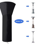 Black Universal Patio Heater Cover 89H X 33D X 19B Waterproof With Zipper 420D Fabric shown covering various propane heaters.