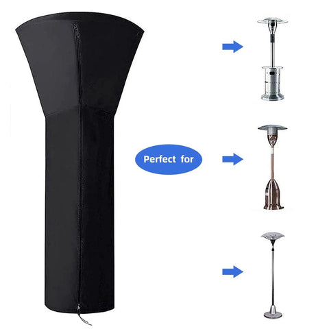 Black Universal Patio Heater Cover 89H X 33D X 19B Waterproof With Zipper 420D Fabric shown covering various propane heaters.