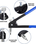 Beefy Heavy Duty Blind Rivet Nut Tool Kit With Hand Riveter showing mandrel knob and rivet tool stop lever details.