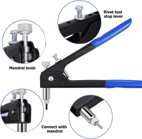 Beefy Heavy Duty Blind Rivet Nut Tool Kit With Hand Riveter showing mandrel knob and rivet tool stop lever details.