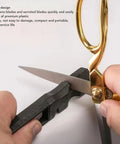 Using 4 In 1 Blade Sharpener With Glass Cutter, Quick Easy Edge Polishing For Axes Hoes Scythes And More on scissors close-up
