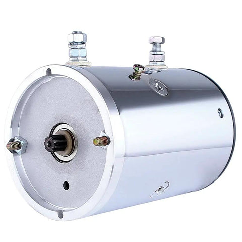 No Sweat 12V Dc Hydraulic Pump Motor Chrome Cw Rotary Fits Fenner SpX Pro Hopper Washout System Prestolite Style Oem W9799C showing chrome finish and nine spline shaft.