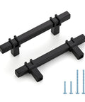 Matte Black Cabinet Handles Set of 10 - 3 Inch Center Hole Zinc Alloy Square Bar Drawer Pulls for Kitchen Cabinets, shown with screws