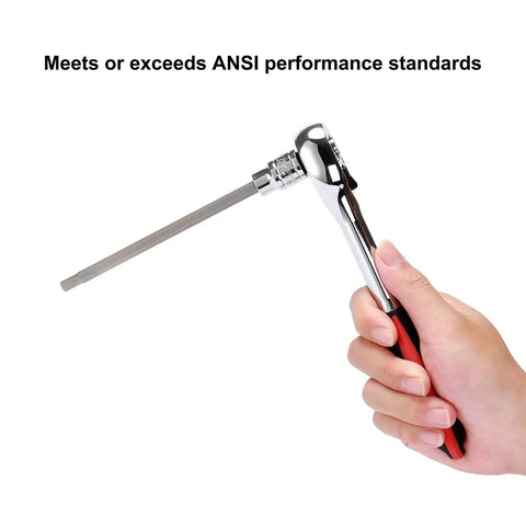 10 Piece Three Eighth Inch Drive Long Hex Bit Socket Set SAE, extra long Allen socket held in hand, meets ANSI standards.