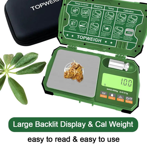 Pocket Scale 500g 0.01g With Backlit Display Jewelry And Coin Scale Precision Gram Scale Six Weighing Units Dual Powered USB Or 2 AAA Batteries Zipper Case Cal Weight USB Cable Included, open with herbs on scale