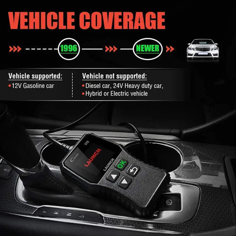 OBD2 Scanner CR319 Full OBD2 Functions Code Reader displayed in vehicle's center console highlighting compatibility