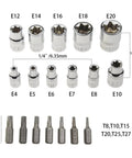 Heavy Duty 29 Piece Torx Socket Bit Set With Star Screwdriver Heads Plus Metric Sockets For Tough Rusted Bolts And Stuck Nuts Easy Grip Professional Grade Tool Kit Case Included, E4-E20 sockets and T8-T27 bits