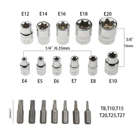 Heavy Duty 29 Piece Torx Socket Bit Set With Star Screwdriver Heads Plus Metric Sockets For Tough Rusted Bolts And Stuck Nuts Easy Grip Professional Grade Tool Kit Case Included, E4-E20 sockets and T8-T27 bits