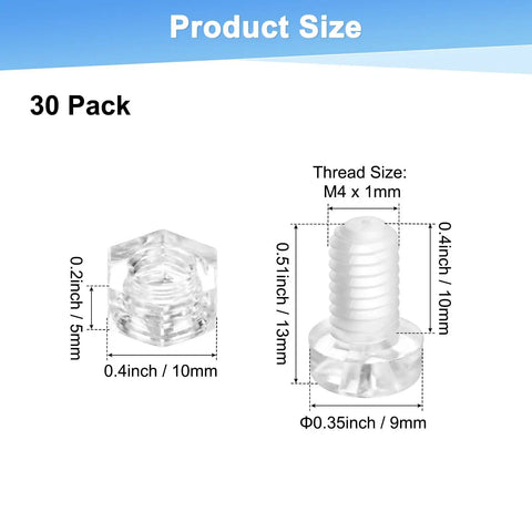 30 Piece Clear Acrylic Plastic Screws And Hex Nuts Kit, M6x10mm, showing size measurements for screws and nuts.