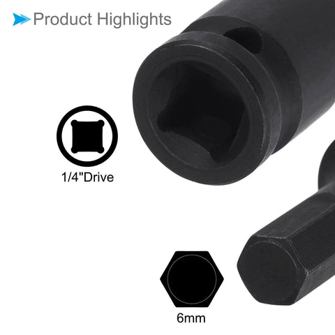 Impact Hex Bit Socket 6mm Metric 35mm Long Chrome Molybdenum Steel One Piece Construction One Quarter Inch Drive Impact Socket