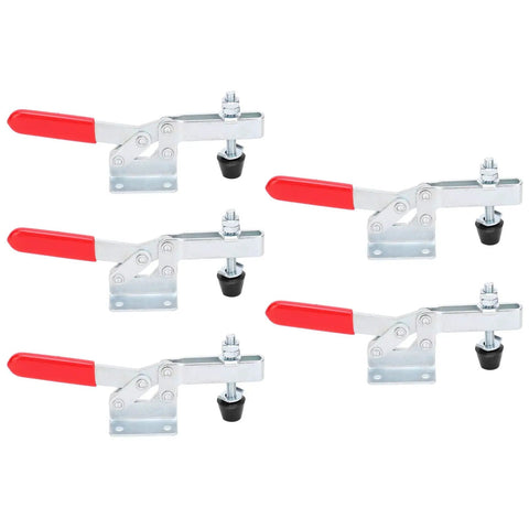 Heavy Duty Quick Clamp 5 Pack Set For Welding And Auto Works With Galvanized Steel Build, red handled clamps on a white background.