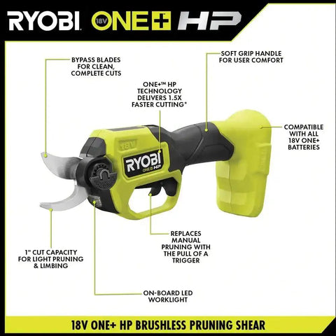 18V Brushless Cordless Pruner with soft grip handle and bypass blades for precise yard trimming and garden cleanup tasks.