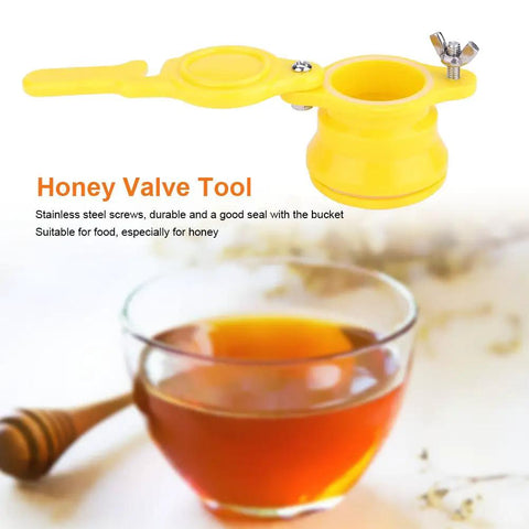 Leak Proof Honey Gate Valve Kit With Precise Flow Control for easy bottling in beekeeping, yellow nylon valve above honey jar