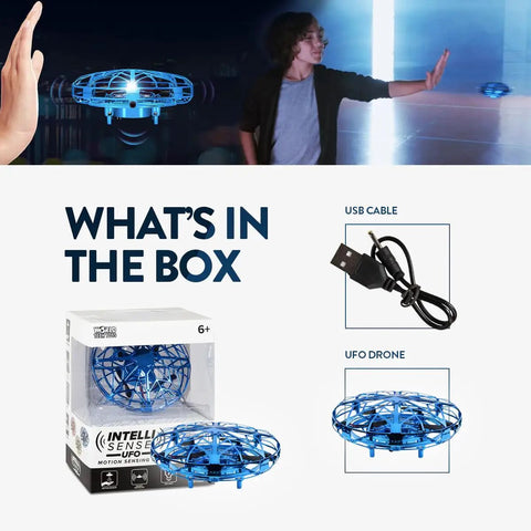 Intelli UFO Hover Drone With Motion Sensing, Easy To Fly Indoor Outdoor Toy For Kids And Teens, box and accessories