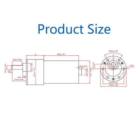 Technical diagram of 24V Brushless DC Motor with Speed Reduction for Micro Machinery and CNC Tools, showcasing dimensions.