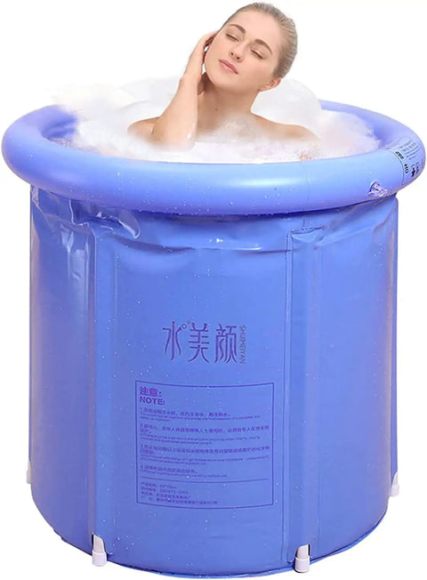 Person relaxing in blue Portable Inflatable Ice Bath Spa Tub For Indoor And Outdoor Use Unisex Freestanding 3 Layer PVC Bath