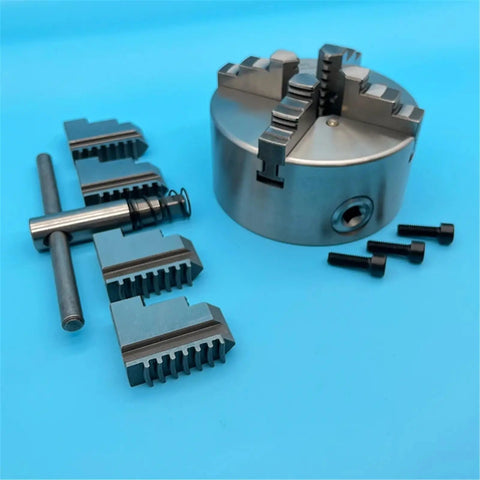 Rock Solid 130Mm Four Jaw Self Centering Lathe Chuck K12-130 with jaws and tool for mini metal lathe projects.