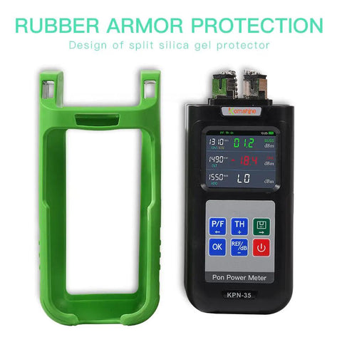 Live PON Optical Power Meter With 0.1 dB Resolution For 1490 nm 1550 nm And 1310 nm Testing, shown with rubber armor protection