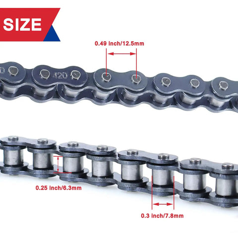 Front 420 Jackshaft Chain 42 Links Mini Bike Drive Chain Heavy Duty with size measurements highlighted