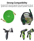 Brass Three Quarter Inch Garden Hose Quick Connect Male Plug Replacement GHT Threaded Fittings For Heavy Duty Water Hoses Quick Connectors For Hose Splitter 2 Pack Easy Install And Leak Proof shown with hose and tools