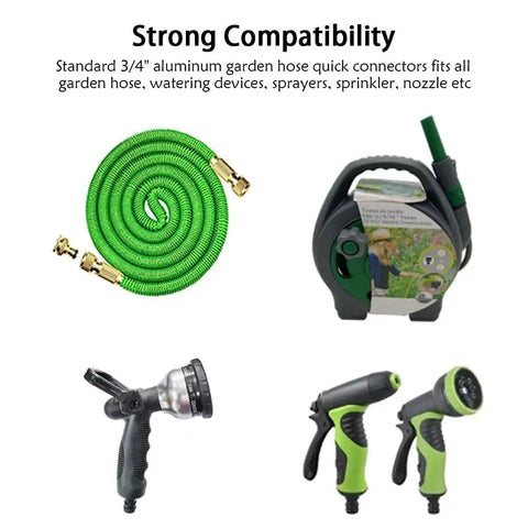 Brass Three Quarter Inch Garden Hose Quick Connect Male Plug Replacement GHT Threaded Fittings For Heavy Duty Water Hoses Quick Connectors For Hose Splitter 2 Pack Easy Install And Leak Proof shown with hose and tools