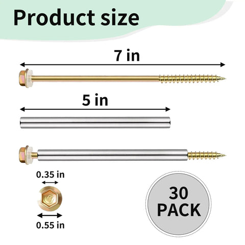 All In One 30 Pack 304 Stainless Steel Gutter Fasteners With 7 Inch Screws, spikes, nails and metal ferrules product size diagram