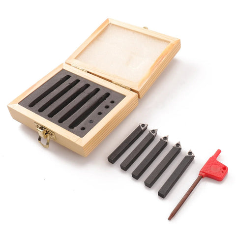 Oudtinx 5-piece carbide turning tool set with 1/4 inch shanks in a foam-lined wooden case; five indexable bars with carbide inserts.