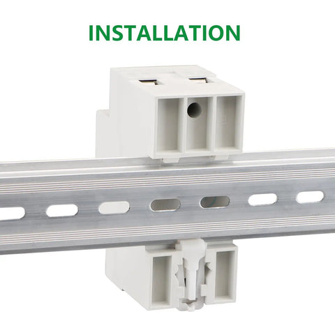 Heavy Duty Adjustable Digital Voltage Protector For AC 120v Single Phase Circuits With Over Under Relay 63a mounted on a DIN rail.