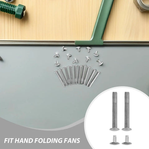 Folding Fan Shaft Rivet Nail And Nut Repair Kit 25mm Set For DIY Hand Fans Folding Paper Fans And Dance Fans Includes Rivets Nuts And Hardware For Quick Easy Fixes And Pro Level Repairs, 25mm metal rivets and nuts laid out for folding fan shaft repair