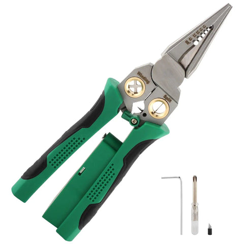 Eight In One Wire Stripper With Voltage Tester for Electricians, heavy duty crimping tool with green handle for 10 to 24 AWG.