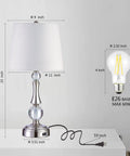 Set Of 2 Touch Control Crystal Table Lamps With USB Port, 3 Way Dimmable Bedside Nightstand Lighting, White Fabric Shade, Silver Finish, Lit For Bedroom Or Living Room, Guest Room, LED Bulbs Included, dimensions and power cord shown