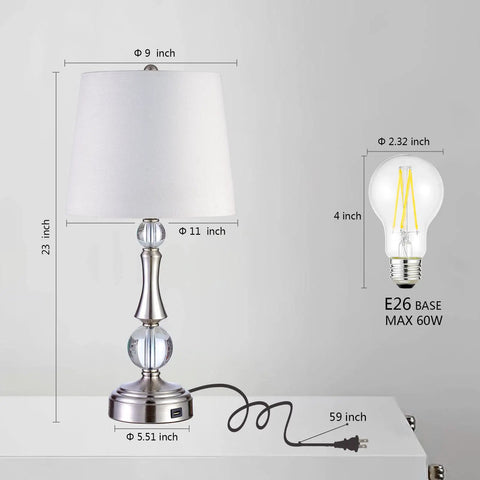 Set Of 2 Touch Control Crystal Table Lamps With USB Port, 3 Way Dimmable Bedside Nightstand Lighting, White Fabric Shade, Silver Finish, Lit For Bedroom Or Living Room, Guest Room, LED Bulbs Included, dimensions and power cord shown