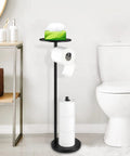 Free Standing Black Toilet Paper Holder Stand With Phone Shelf And Built In Storage, 4 Roll Capacity, in bathroom setting