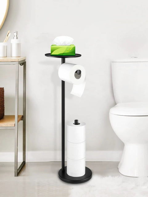 Free Standing Black Toilet Paper Holder Stand With Phone Shelf And Built In Storage, 4 Roll Capacity, in bathroom setting