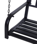 Close-up of black steel slatted seat detail on Two Person Front Porch Swing Bench For Outdoor Chill Sessions with solid chains.