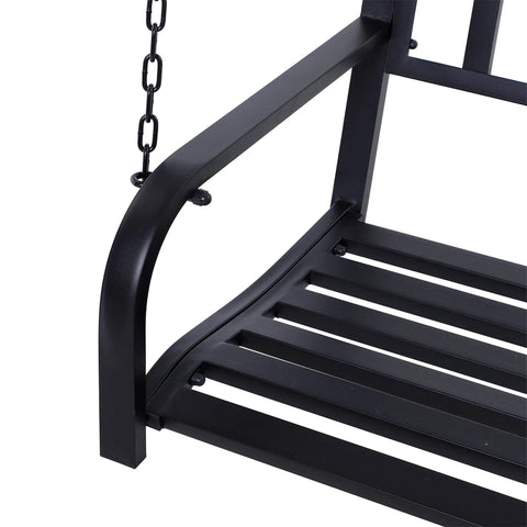 Close-up of black steel slatted seat detail on Two Person Front Porch Swing Bench For Outdoor Chill Sessions with solid chains.