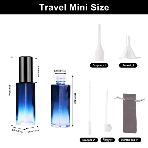Four Glass Perfume Spray Bottles Set Refillable Travel Size Atomizers with funnel, pipette, bag, and dispensers, mini size