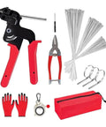 Heavy Duty Stainless Steel Cable Tie Tool Kit With 150 Pcs Metal Zip Ties for Fence, Garden, And Electrical Use with strapping gun, gloves, and tools.