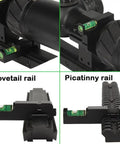 34mm Scope Bubble Level For Riflescope Tubes, Anti Cant Level With Picatinny Rail Mount shown on dovetail and Picatinny rails