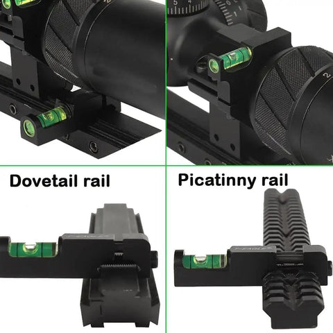 34mm Scope Bubble Level For Riflescope Tubes, Anti Cant Level With Picatinny Rail Mount shown on dovetail and Picatinny rails