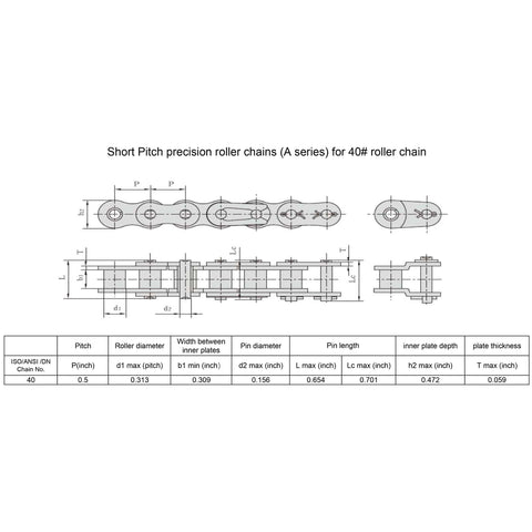 Technical diagram of short pitch precision roller chains for 40B21-1 21 Tooth Roller Chain Sprocket Type B With 1 Inch Bore