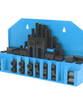 58 Piece CNC Milling T Slot Clamping Kit With Heavy Duty Heat Treated Components displayed in blue organizer case.