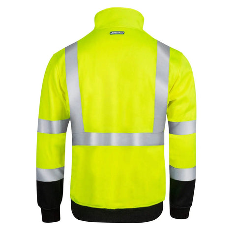Back view of Hi Vis Quarter Zip Safety Sweater With Reflective Strips, ANSI ISEA Class 3 Type R For Yellow Black, 100 Percent Polyester.