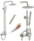 Outdoor Shower Faucet Set In Brushed Nickel, featuring 304 Stainless Steel Shower Head and 2-In-1 Cylinder Handheld Spray.