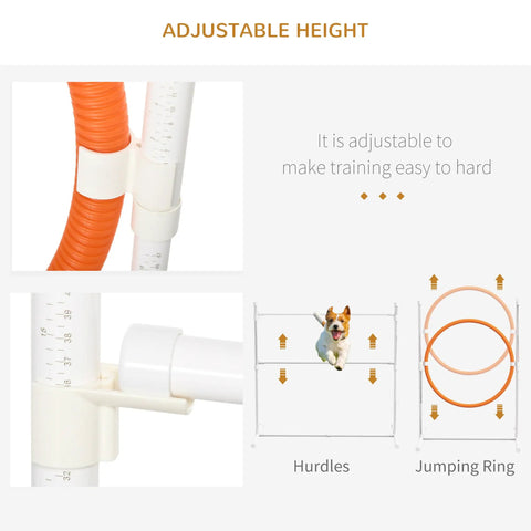 7 Piece Dog Agility Training Set For Backyard Fun adjustable hurdles and jump ring detail, orange and white components
