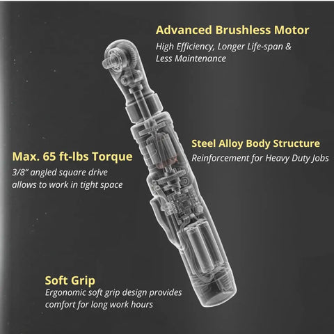 12V Cordless Brushless 3/8 Inch Ratchet Wrench Kit With 65 Ft-Lbs Torque, showing internal components and features, RW1210-32 G12 Series Tool Set