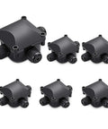 Set of six IP68 Waterproof Junction Box For Outdoor Lighting, 3-Way Cable Connectors with Rubber Grommets, black color.